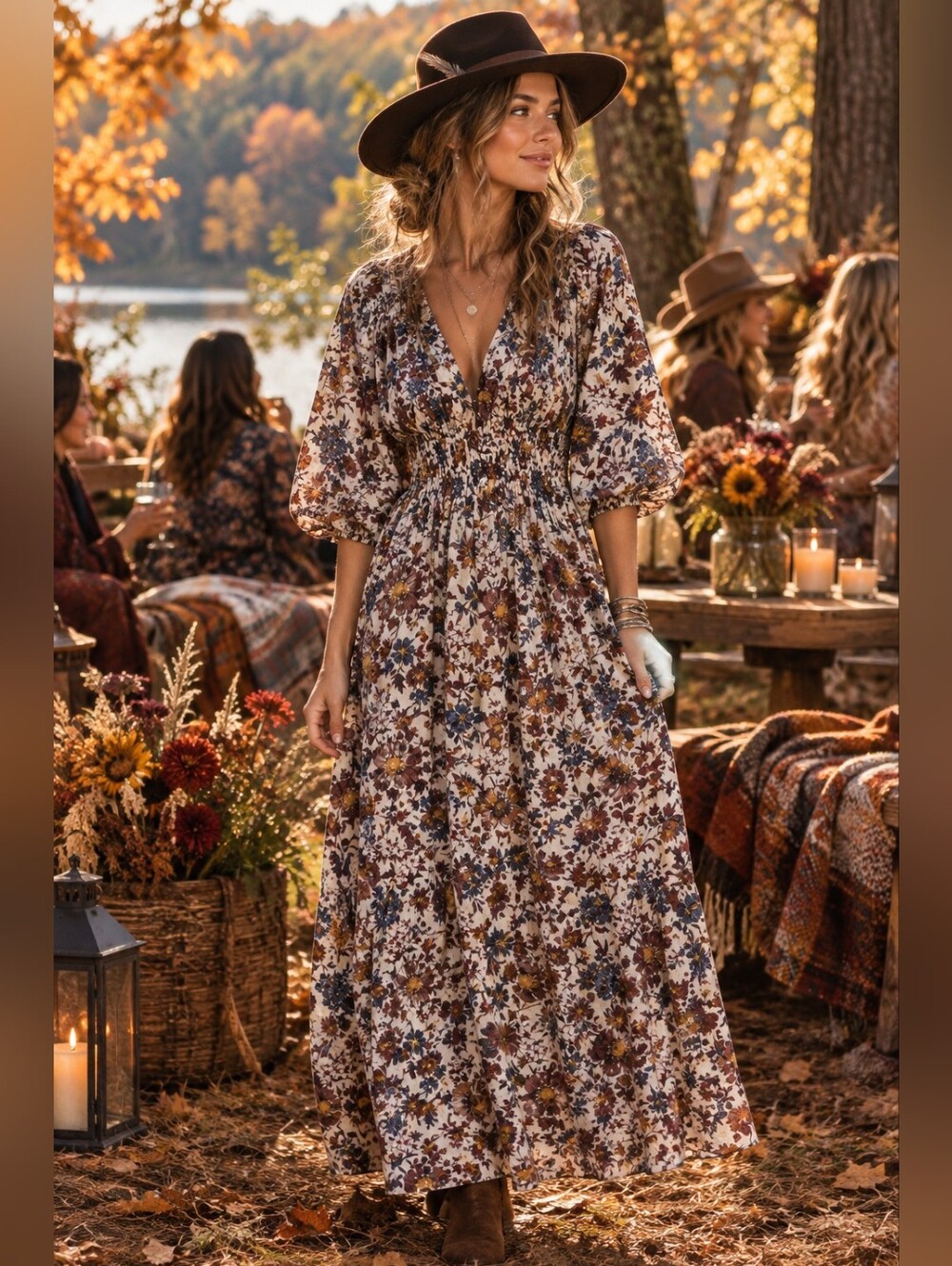 Abercrombie & Fitch Cream Floral Maxi Dress with Brown & Blue Accents